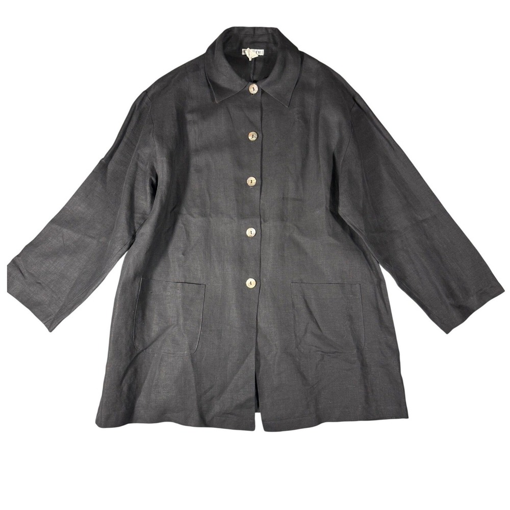 Womens Vintage Black Linen Jacket Oversized Button Pocket Coat Plus Size 2W